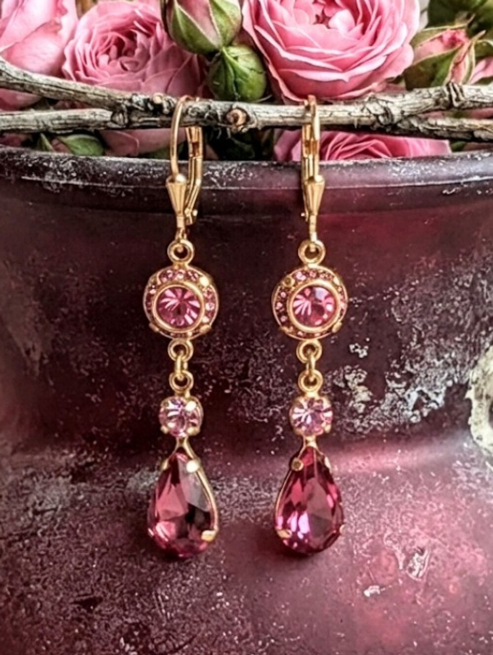 Victorian Blush Rose Pink Crystal In Feminine Artisan-Made Gold Plated Earrings